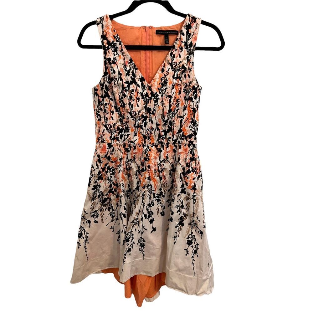 White House Black Market Floral Print Hi-Lo Fit & Flare Dress Peach Black Size 4